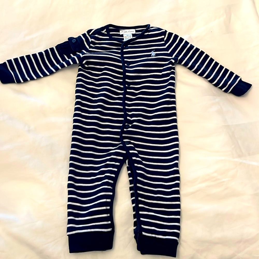 Ralph Lauren Baby Navy Blue & White Striped Bodysuit w/ Pocket Detail on Sleeve